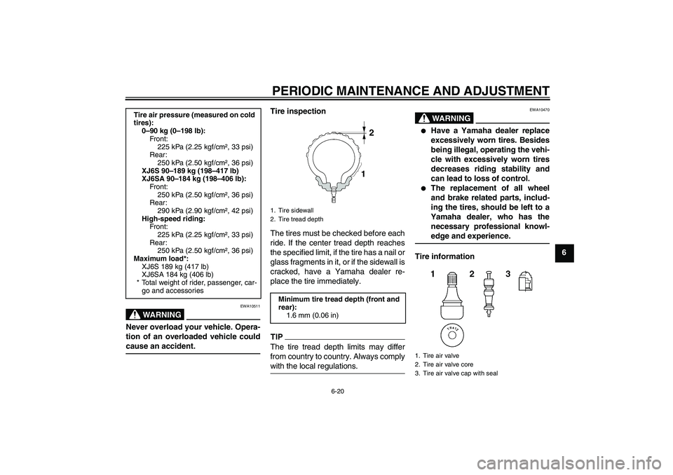 YAMAHA XJ6-S 2010 Repair Manual PERIODIC MAINTENANCE AND ADJUSTMENT
6-20
6
WARNING
EWA10511
Never overload your vehicle. Opera-
tion of an overloaded vehicle could
cause an accident.
Tire inspection
The tires must be checked before 
