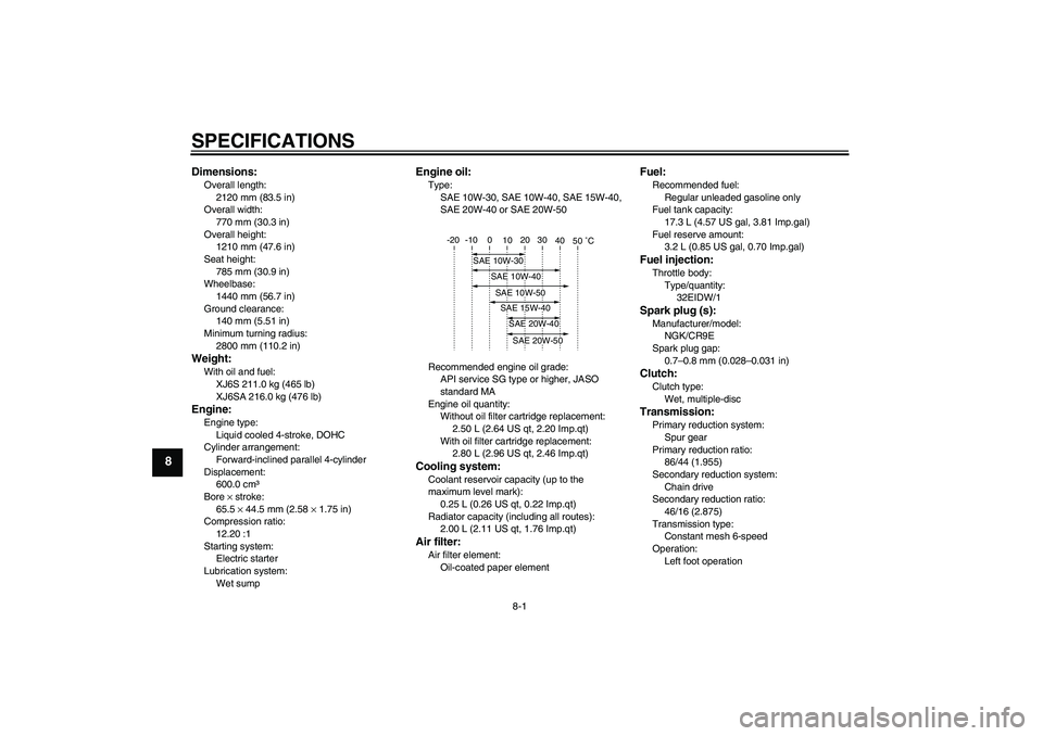 YAMAHA XJ6-S 2009  Owners Manual SPECIFICATIONS
8-1
8
Dimensions:Overall length:
2120 mm (83.5 in)
Overall width:
770 mm (30.3 in)
Overall height:
1210 mm (47.6 in)
Seat height:
785 mm (30.9 in)
Wheelbase:
1440 mm (56.7 in)
Ground cl