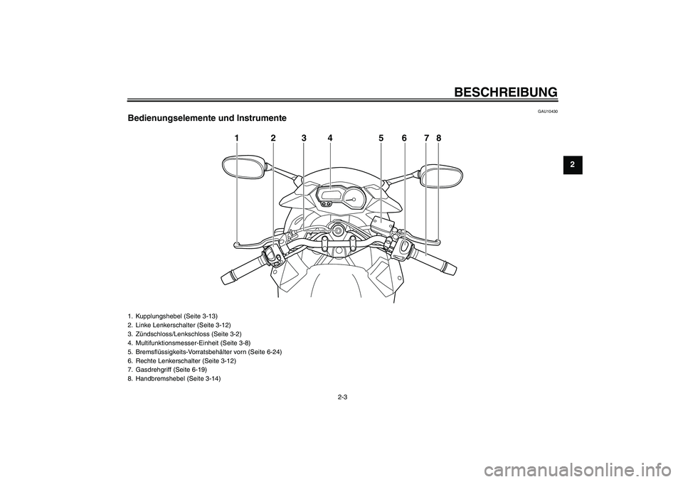 YAMAHA XJ6-S 2009  Betriebsanleitungen (in German) BESCHREIBUNG
2-3
2
GAU10430
Bedienungselemente und Instrumente
123 5678
4
1. Kupplungshebel (Seite 3-13)
2. Linke Lenkerschalter (Seite 3-12)
3. Zündschloss/Lenkschloss (Seite 3-2)
4. Multifunktionsm