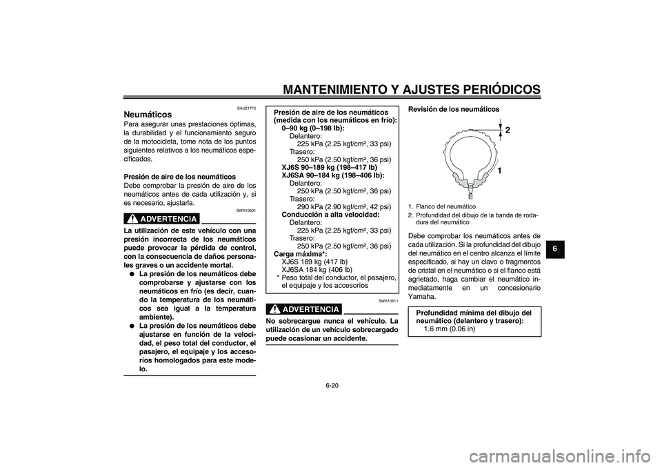 YAMAHA XJ6-S 2009  Manuale de Empleo (in Spanish) MANTENIMIENTO Y AJUSTES PERIÓDICOS
6-20
6
SAU21772
Neumáticos Para asegurar unas prestaciones óptimas,
la durabilidad y el funcionamiento seguro
de la motocicleta, tome nota de los puntos
siguiente