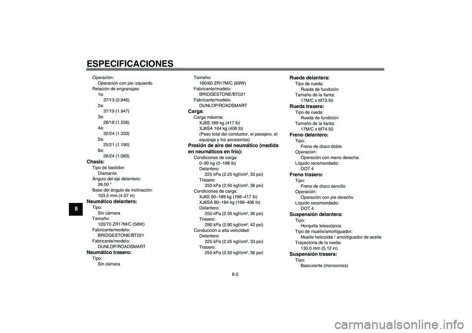 YAMAHA XJ6-S 2009 Manuale de Empleo (in Spanish) ESPECIFICACIONES
8-2
8
Operación:
Operación con pie izquierdo
Relación de engranajes:
1a:
37/13 (2.846)
2a:
37/19 (1.947)
3a:
28/18 (1.556)
4a:
32/24 (1.333)
5a:
25/21 (1.190)
6a:
26/24 (1.083)Chas YAMAHA XJ6-S 2009 Manuale de Empleo (in Spanish) ESPECIFICACIONES
8-2
8
Operación:
Operación con pie izquierdo
Relación de engranajes:
1a:
37/13 (2.846)
2a:
37/19 (1.947)
3a:
28/18 (1.556)
4a:
32/24 (1.333)
5a:
25/21 (1.190)
6a:
26/24 (1.083)Chas