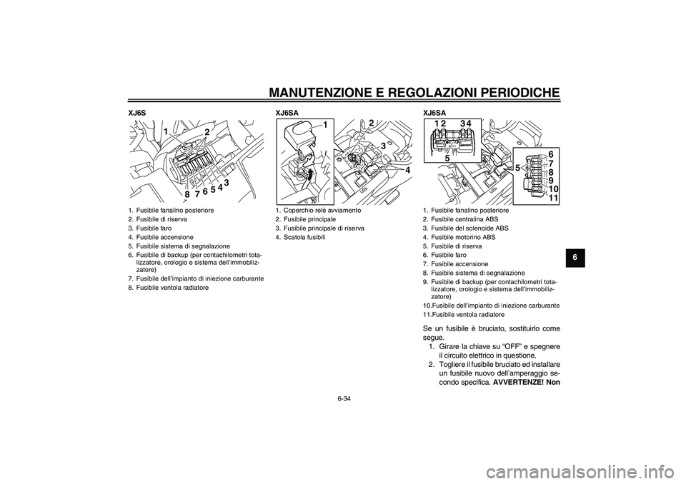 YAMAHA XJ6-S 2009 Manuale duso (in Italian) MANUTENZIONE E REGOLAZIONI PERIODICHE
6-34
6
XJ6S XJ6SA XJ6SA
Se un fusibile è bruciato, sostituirlo come
segue.
1. Girare la chiave su “OFF” e spegnere
il circuito elettrico in questione.
2. Tog YAMAHA XJ6-S 2009 Manuale duso (in Italian) MANUTENZIONE E REGOLAZIONI PERIODICHE
6-34
6
XJ6S XJ6SA XJ6SA
Se un fusibile è bruciato, sostituirlo come
segue.
1. Girare la chiave su “OFF” e spegnere
il circuito elettrico in questione.
2. Tog