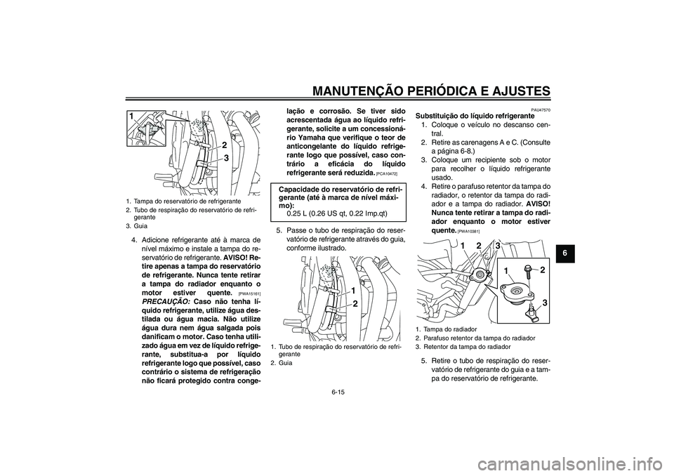 YAMAHA XJ6-S 2009  Manual de utilização (in Portuguese) MANUTENÇÃO PERIÓDICA E AJUSTES
6-15
6
4. Adicione refrigerante até à marca de
nível máximo e instale a tampa do re-
servatório de refrigerante. AVISO! Re-
tire apenas a tampa do reservatório
