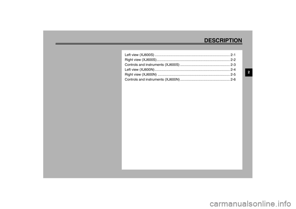 YAMAHA XJ600N 2002 User Guide DESCRIPTION
2
Left view (XJ600S) ............................................................................. 2-1
Right view (XJ600S) .................................................................