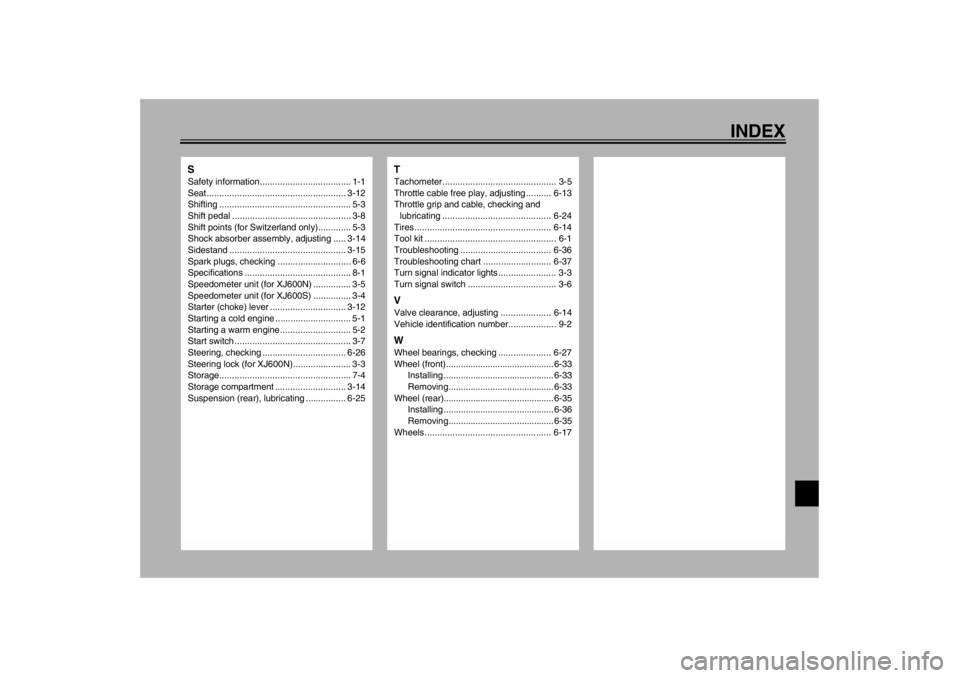 YAMAHA XJ600N 2002  Owners Manual INDEX
SSafety information.................................... 1-1
Seat....................................................... 3-12
Shifting .................................................... 5-3
Shi