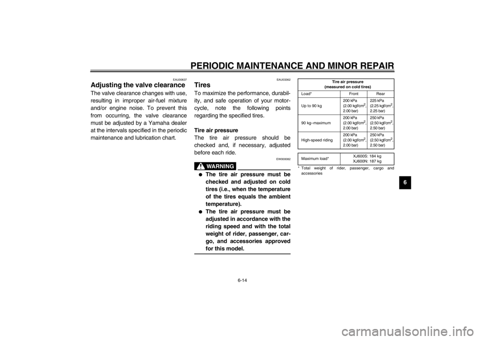 YAMAHA XJ600S 2002 Repair Manual PERIODIC MAINTENANCE AND MINOR REPAIR
6-14
6
EAU00637
Adjusting the valve clearance The valve clearance changes with use,
resulting in improper air-fuel mixture
and/or engine noise. To prevent this
fr