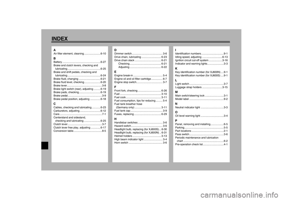 YAMAHA XJ600N 2002  Owners Manual 10-INDEXAAir filter element, cleaning ...................... 6-10BBattery ................................................... 6-27
Brake and clutch levers, checking and 
lubricating ..................