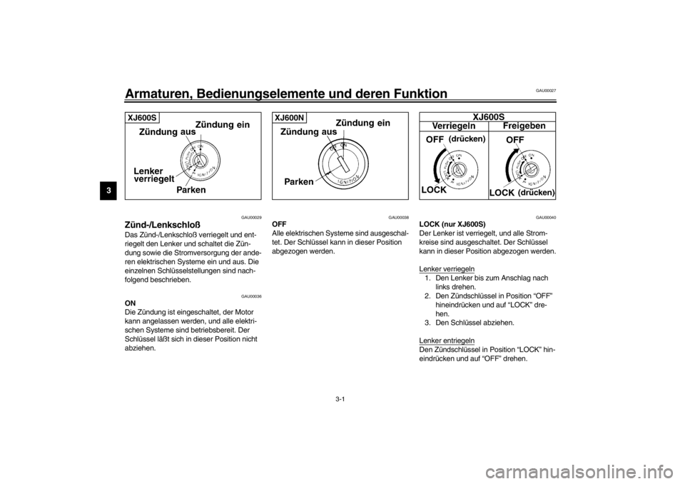 YAMAHA XJ600S 2002  Betriebsanleitungen (in German) 3-1
3
GAU00027
3-Armaturen, Bedienungselemente und deren Funktion 
GAU00029
Zünd-/Lenkschloß Das Zünd-/Lenkschloß verriegelt und ent-
riegelt den Lenker und schaltet die Zün-
dung sowie die Strom
