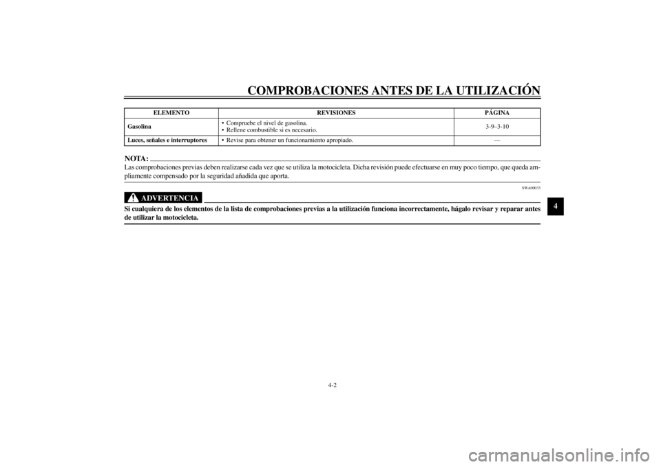 YAMAHA XJ600S 2002  Manuale de Empleo (in Spanish) COMPROBACIONES ANTES DE LA UTILIZACIÓN
4-2
4
NOTA:_ Las comprobaciones previas deben realizarse cada vez que se utiliza la motocicleta. Dicha revisión puede efectuarse en muy poco tiempo, que queda 