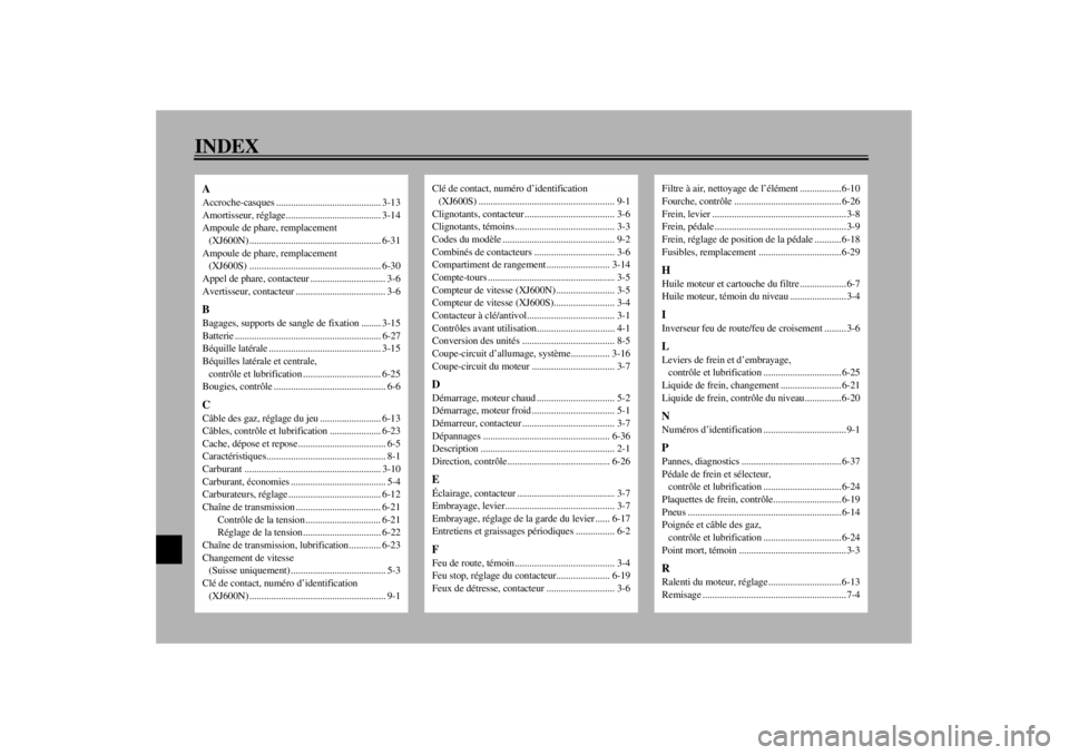 YAMAHA XJ600N 2002  Notices Demploi (in French) INDEXAAccroche-casques ........................................... 3-13
Amortisseur, réglage....................................... 3-14
Ampoule de phare, remplacement 
(XJ600N) .....................