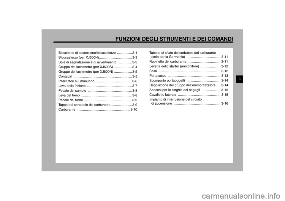 YAMAHA XJ600S 2002  Manuale duso (in Italian) FUNZIONI DEGLI STRUMENTI E DEI COMANDI
3
Blocchetto di accensione/bloccasterzo  ................ 3-1
Bloccasterzo (per XJ600N) ................................... 3-3
Spie di segnalazione e di avverti