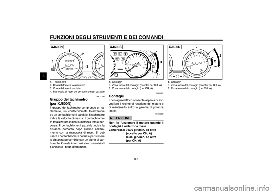 YAMAHA XJ600S 2002  Manuale duso (in Italian) FUNZIONI DEGLI STRUMENTI E DEI COMANDI
3-5
3
HAU00095
Gruppo del tachimetro
(per XJ600N) Il gruppo del tachimetro comprende un ta-
chimetro, un contachilometri totalizzatore
ed un contachilometri parz