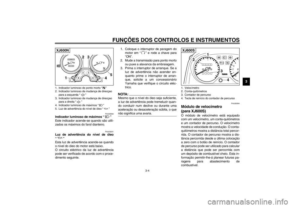 YAMAHA XJ600S 2002  Manual de utilização (in Portuguese) FUNÇÕES DOS CONTROLOS E INSTRUMENTOS
3-4
3
PAU00063
Indicador luminoso de máximos “” 
Este indicador acende-se quando são utili-
zados os máximos do farol dianteiro.
PAU03201
Luz de advertên