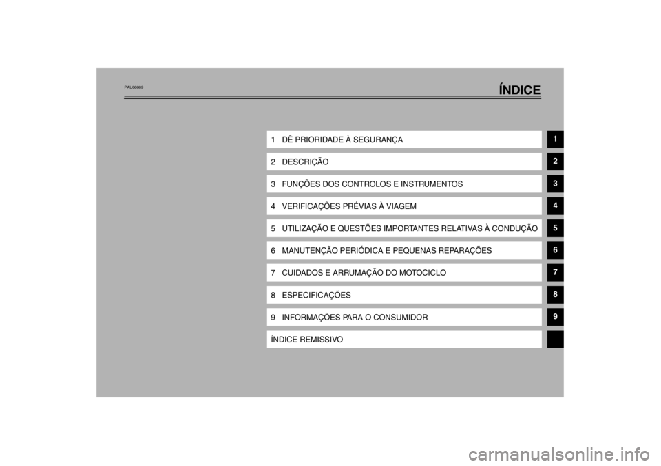 YAMAHA XJ600S 2002  Manual de utilização (in Portuguese) ÍNDICE
1DÊ PRIORIDADE À SEGURANÇA
1
2 DESCRIÇÃO
2
3FUNÇÕES DOS CONTROLOS E INSTRUMENTOS
3
4 VERIFICAÇÕES PRÉVIAS À VIAGEM
4
5 UTILIZAÇÃO E QUESTÕES IMPORTANTES RELATIVAS À CONDUÇÃO
5