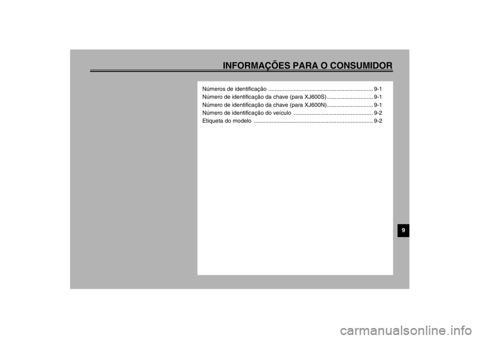 YAMAHA XJ600S 2002 Manual de utilização (in Portuguese) INFORMAÇÕES PARA O CONSUMIDOR
9
Números de identificação .................................................................. 9-1
Número de identificação da chave (para XJ600S) ................. YAMAHA XJ600S 2002 Manual de utilização (in Portuguese) INFORMAÇÕES PARA O CONSUMIDOR
9
Números de identificação .................................................................. 9-1
Número de identificação da chave (para XJ600S) .................
