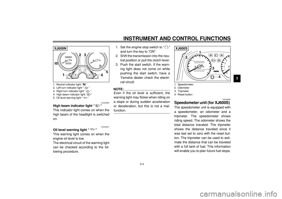 YAMAHA XJ600N 2001  Owners Manual INSTRUMENT AND CONTROL FUNCTIONS
3-4
3
EAU00063
High beam indicator light “ ” 
This indicator light comes on when the
high beam of the headlight is switched
on.
EAU03201
Oil level warning light �