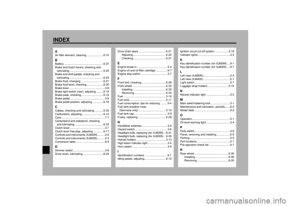 YAMAHA XJ600S 2001  Owners Manual 10-INDEXAAir filter element, cleaning ...................... 6-10BBattery ................................................... 6-27
Brake and clutch levers, checking and 
lubricating ..................