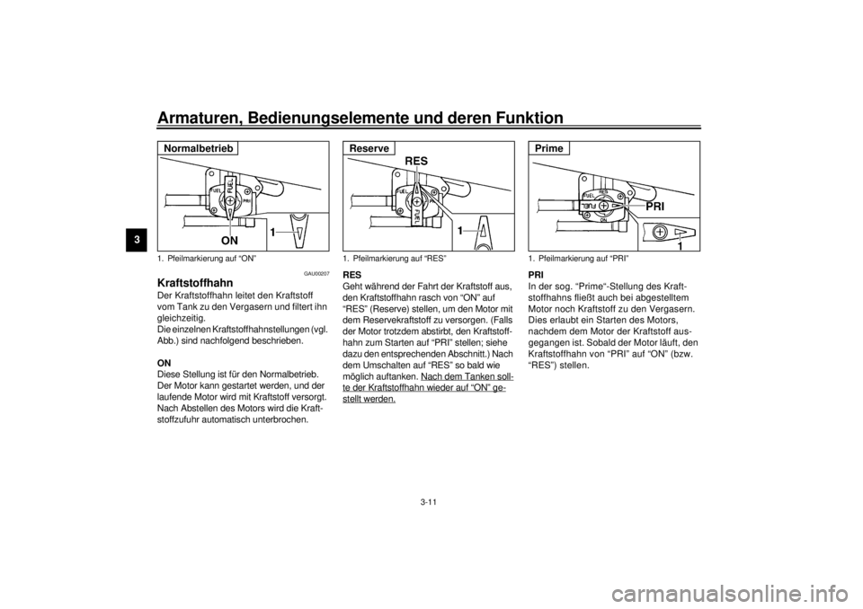 YAMAHA XJ600S 2001 Betriebsanleitungen (in German) Armaturen, Bedienungselemente und deren Funktion
3-11
3
GAU00207
Kraftstoffhahn Der Kraftstoffhahn leitet den Kraftstoff
vom Tank zu den Vergasern und filtert ihn
gleichzeitig.
Die einzelnen Kraftst YAMAHA XJ600S 2001 Betriebsanleitungen (in German) Armaturen, Bedienungselemente und deren Funktion
3-11
3
GAU00207
Kraftstoffhahn Der Kraftstoffhahn leitet den Kraftstoff
vom Tank zu den Vergasern und filtert ihn
gleichzeitig.
Die einzelnen Kraftst
