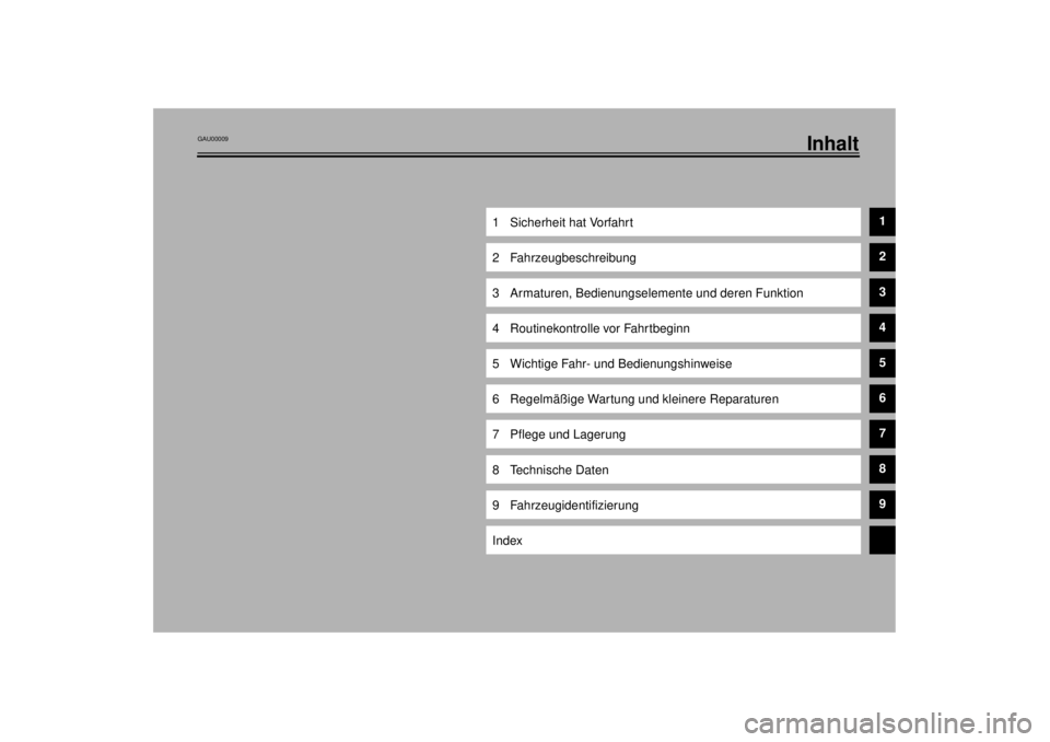 YAMAHA XJ600N 2001  Betriebsanleitungen (in German) Inhalt
1 Sicherheit hat Vorfahrt
1
2 Fahrzeugbeschreibung
2
3 Armaturen, Bedienungselemente und deren Funktion
3
4 Routinekontrolle vor Fahrtbeginn
4
5 Wichtige Fahr- und Bedienungshinweise
5
6 Regelm