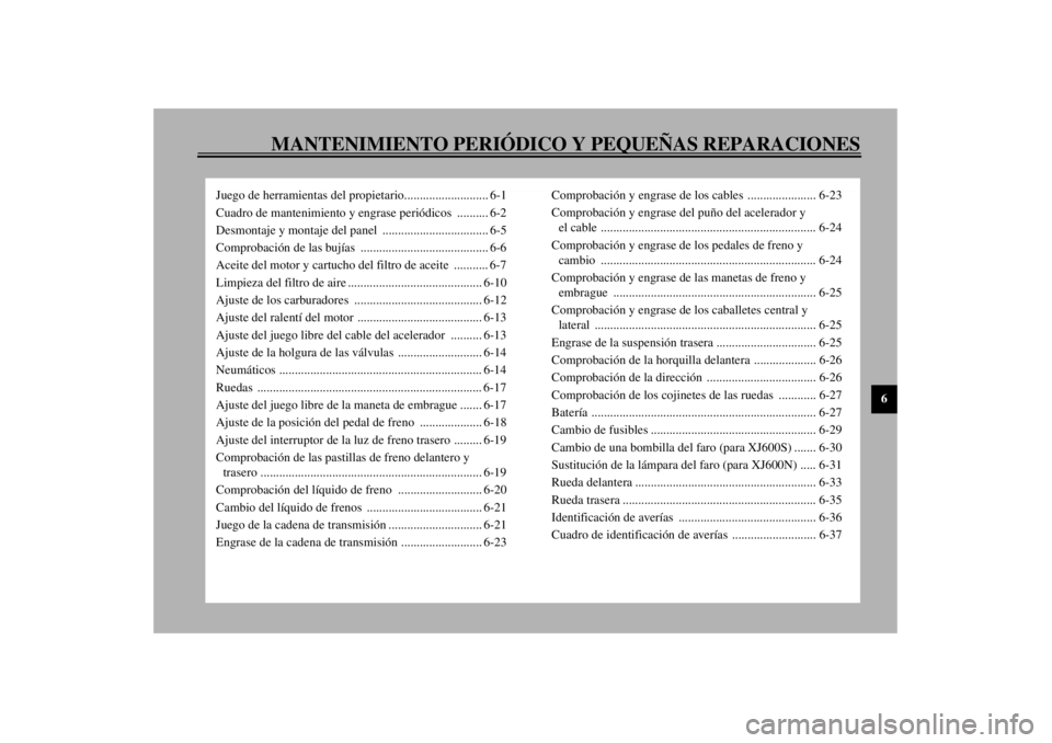 YAMAHA XJ600S 2001 Manuale de Empleo (in Spanish) MANTENIMIENTO PERIÓDICO Y PEQUEÑAS REPARACIONES
6
Juego de herramientas del propietario........................... 6-1
Cuadro de mantenimiento y engrase periódicos .......... 6-2
Desmontaje y mont YAMAHA XJ600S 2001 Manuale de Empleo (in Spanish) MANTENIMIENTO PERIÓDICO Y PEQUEÑAS REPARACIONES
6
Juego de herramientas del propietario........................... 6-1
Cuadro de mantenimiento y engrase periódicos .......... 6-2
Desmontaje y mont