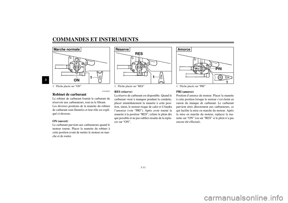 YAMAHA XJ600N 2001 Notices Demploi (in French) COMMANDES ET INSTRUMENTS
3-11
3
FAU00207
Robinet de carburant Le robinet de carburant fournit le carburant du
réservoir aux carburateurs, tout en le filtrant.
Les diverses positions de la manette du YAMAHA XJ600N 2001 Notices Demploi (in French) COMMANDES ET INSTRUMENTS
3-11
3
FAU00207
Robinet de carburant Le robinet de carburant fournit le carburant du
réservoir aux carburateurs, tout en le filtrant.
Les diverses positions de la manette du