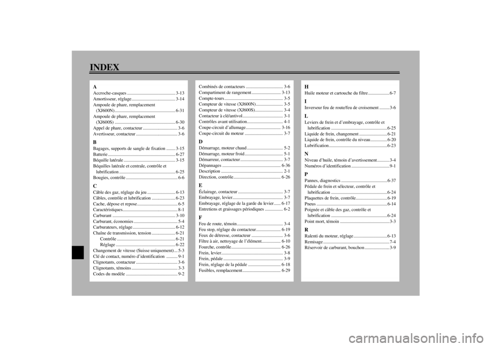 YAMAHA XJ600S 2001  Notices Demploi (in French) 10-INDEXAAccroche-casques ........................................... 3-13
Amortisseur, réglage....................................... 3-14
Ampoule de phare, remplacement 
(XJ600N) ..................