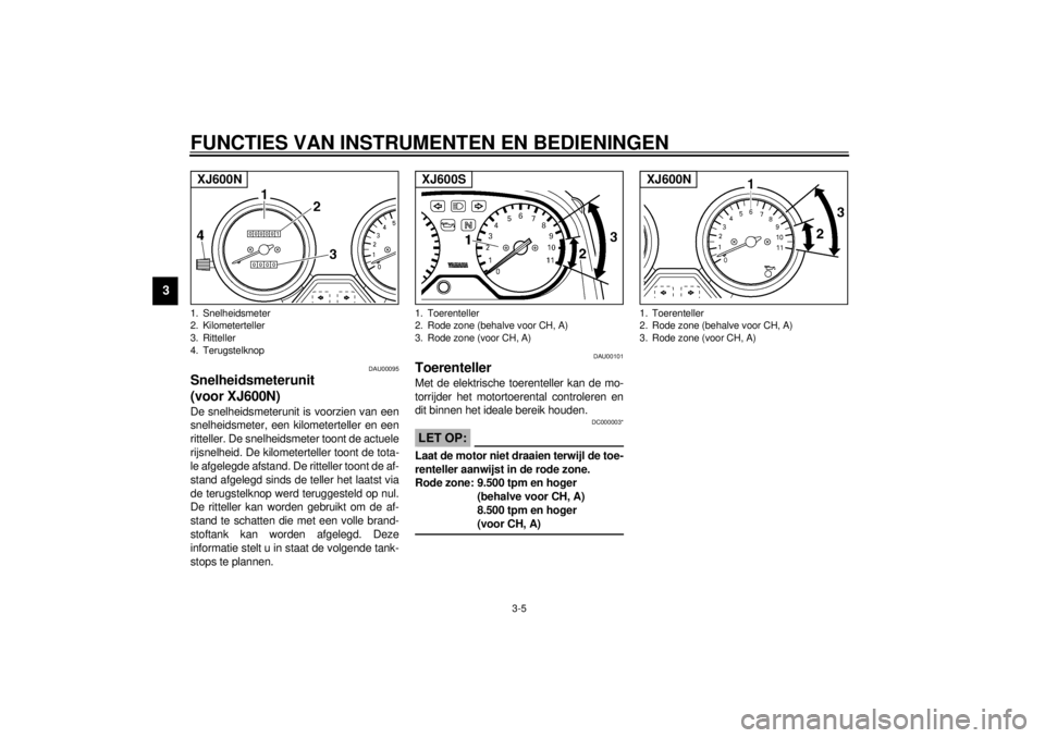 YAMAHA XJ600N 2001 Instructieboekje (in Dutch) FUNCTIES VAN INSTRUMENTEN EN BEDIENINGEN
3-5
3
DAU00095
Snelheidsmeterunit
(voor XJ600N)De snelheidsmeterunit is voorzien van een
snelheidsmeter, een kilometerteller en een
ritteller. De snelheidsmet YAMAHA XJ600N 2001 Instructieboekje (in Dutch) FUNCTIES VAN INSTRUMENTEN EN BEDIENINGEN
3-5
3
DAU00095
Snelheidsmeterunit
(voor XJ600N)De snelheidsmeterunit is voorzien van een
snelheidsmeter, een kilometerteller en een
ritteller. De snelheidsmet