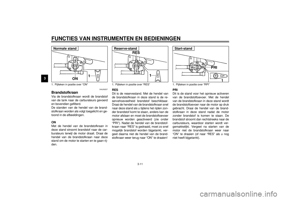YAMAHA XJ600S 2001  Instructieboekje (in Dutch) FUNCTIES VAN INSTRUMENTEN EN BEDIENINGEN
3-11
3
DAU00207
Brandstofkraan Via de brandstofkraan wordt de brandstof
van de tank naar de carburateurs gevoerd
en bovendien gefilterd.
De standen van de hend