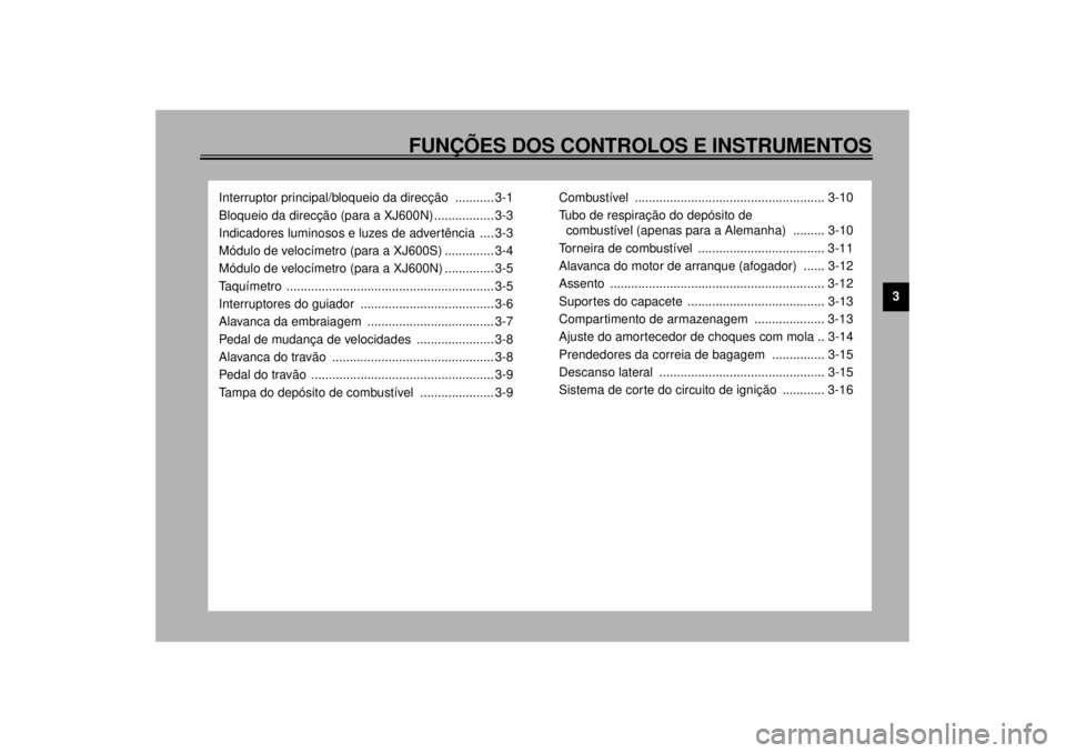 YAMAHA XJ600S 2001 Manual de utilização (in Portuguese) FUNÇÕES DOS CONTROLOS E INSTRUMENTOS
3
Interruptor principal/bloqueio da direcção ........... 3-1
Bloqueio da direcção (para a XJ600N) ................. 3-3
Indicadores luminosos e luzes de adv YAMAHA XJ600S 2001 Manual de utilização (in Portuguese) FUNÇÕES DOS CONTROLOS E INSTRUMENTOS
3
Interruptor principal/bloqueio da direcção ........... 3-1
Bloqueio da direcção (para a XJ600N) ................. 3-3
Indicadores luminosos e luzes de adv