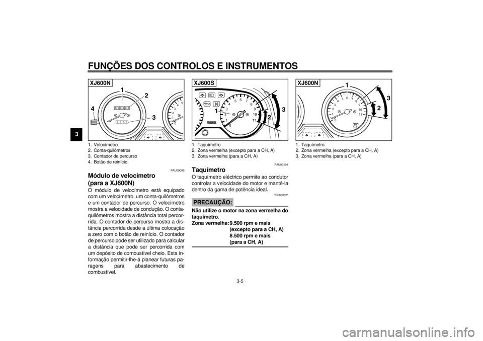YAMAHA XJ600S 2001 Manual de utilização (in Portuguese) FUNÇÕES DOS CONTROLOS E INSTRUMENTOS
3-5
3
PAU00095
Módulo de velocímetro
(para a XJ600N)O módulo de velocímetro está equipado
com um velocímetro, um conta-quilómetros
e um contador de percu YAMAHA XJ600S 2001 Manual de utilização (in Portuguese) FUNÇÕES DOS CONTROLOS E INSTRUMENTOS
3-5
3
PAU00095
Módulo de velocímetro
(para a XJ600N)O módulo de velocímetro está equipado
com um velocímetro, um conta-quilómetros
e um contador de percu