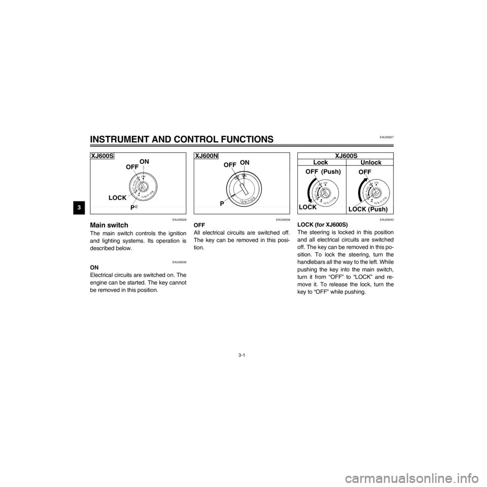 YAMAHA XJ600S 2000 User Guide L
3-1
INSTRUMENT AND CONTROL FUNCTIONS
/Net/layout8/layout_G2/work/Imai_work/OM-PS/AA9156_XJ600SN-E6/English/E-3.frame
EAU00027
EAU00028
Main switch
The main switch controls the ignition
and lighting 