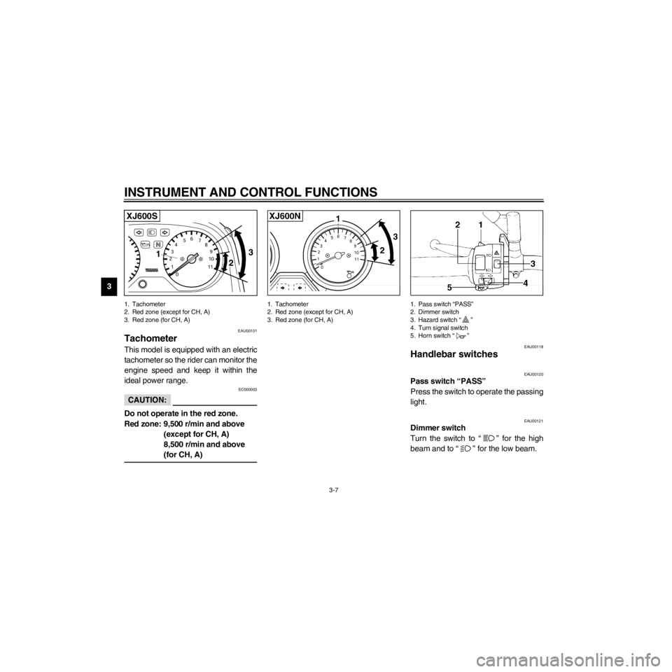 YAMAHA XJ600S 2000 Owners Manual L
3-7
INSTRUMENT AND CONTROL FUNCTIONS
/Net/layout8/layout_G2/work/Imai_work/OM-PS/AA9156_XJ600SN-E6/English/E-3.frame
0 1 2348
9
10
11 56
7
2
13
XJ600S
1. Tachometer
2. Red zone (except for CH, A)
3. YAMAHA XJ600S 2000 Owners Manual L
3-7
INSTRUMENT AND CONTROL FUNCTIONS
/Net/layout8/layout_G2/work/Imai_work/OM-PS/AA9156_XJ600SN-E6/English/E-3.frame
0 1 2348
9
10
11 56
7
2
13
XJ600S
1. Tachometer
2. Red zone (except for CH, A)
3.
