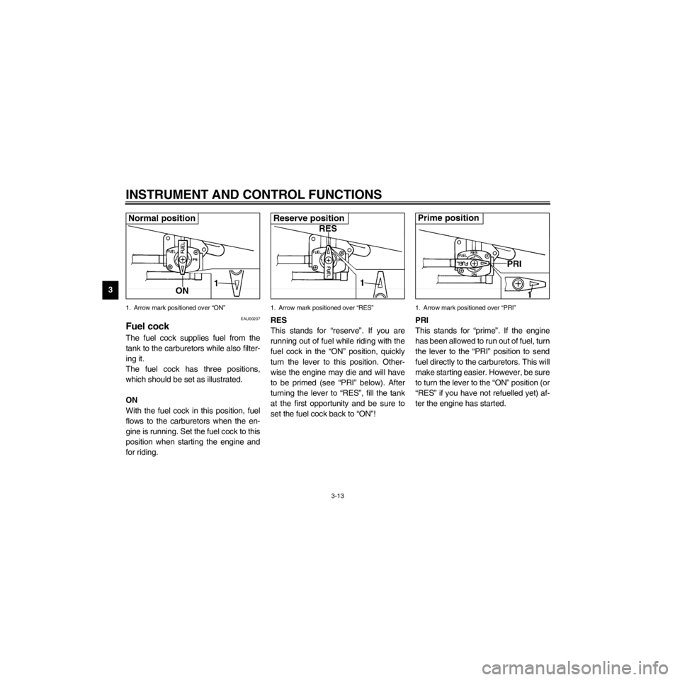 YAMAHA XJ600S 2000 Owners Guide L
3-13
INSTRUMENT AND CONTROL FUNCTIONS
/Net/layout8/layout_G2/work/Imai_work/OM-PS/AA9156_XJ600SN-E6/English/E-3.frame
1. Arrow mark positioned over ÒONÓ
EAU00207
Fuel cock
The fuel cock supplies f YAMAHA XJ600S 2000 Owners Guide L
3-13
INSTRUMENT AND CONTROL FUNCTIONS
/Net/layout8/layout_G2/work/Imai_work/OM-PS/AA9156_XJ600SN-E6/English/E-3.frame
1. Arrow mark positioned over ÒONÓ
EAU00207
Fuel cock
The fuel cock supplies f