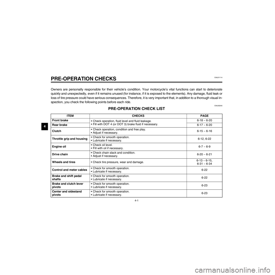 YAMAHA XJ600S 2000 Owners Guide L
4-1
PRE-OPERATION CHECKS
/Net/layout8/layout_G2/work/Imai_work/OM-PS/AA9156_XJ600SN-E6/English/E-4.frame
Owners are personally responsible for their vehicleÕs condition. Your motorcycleÕs vital fu YAMAHA XJ600S 2000 Owners Guide L
4-1
PRE-OPERATION CHECKS
/Net/layout8/layout_G2/work/Imai_work/OM-PS/AA9156_XJ600SN-E6/English/E-4.frame
Owners are personally responsible for their vehicleÕs condition. Your motorcycleÕs vital fu