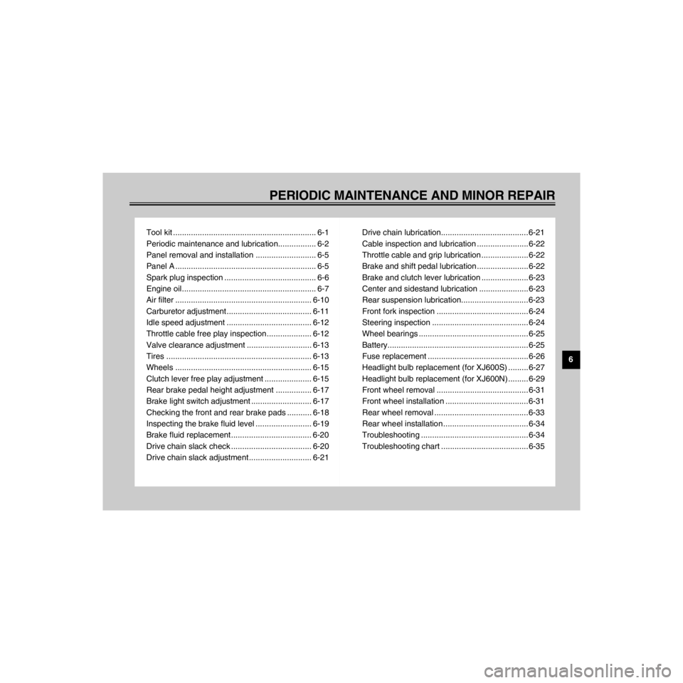 YAMAHA XJ600N 2000  Owners Manual R
PERIODIC MAINTENANCE AND MINOR REPAIR
/Net/layout8/layout_G2/work/Imai_work/OM-PS/AA9156_XJ600SN-E6/English/E-6TOC.-
Tool kit ................................................................ 6-1
Per