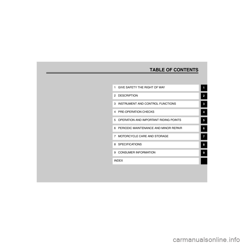 YAMAHA XJ600S 2000  Owners Manual EAA30002
R
TABLE OF CONTENTS
/Net/layout8/layout_G2/work/Imai_work/OM-PS/AA9156_XJ600SN-E6/English/E-TOC.-
1 GIVE SAFETY THE RIGHT OF WAY
2 DESCRIPTION
3 INSTRUMENT AND CONTROL FUNCTIONS
4 PRE-OPERATI