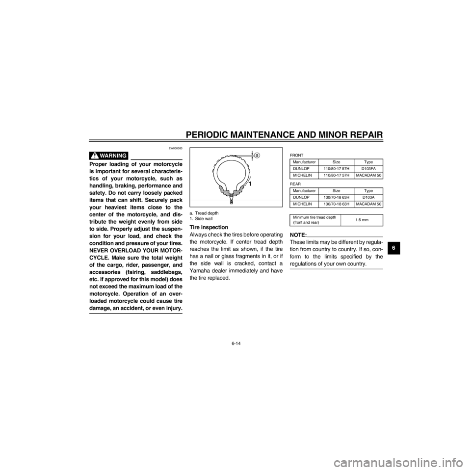YAMAHA XJ600S 2000 Repair Manual R
6-14
PERIODIC MAINTENANCE AND MINOR REPAIR
/Net/layout8/layout_G2/work/Imai_work/OM-PS/AA9156_XJ600SN-E6/English/E-6.frame
EW000083
Proper loading of your motorcycle
is important for several charact YAMAHA XJ600S 2000 Repair Manual R
6-14
PERIODIC MAINTENANCE AND MINOR REPAIR
/Net/layout8/layout_G2/work/Imai_work/OM-PS/AA9156_XJ600SN-E6/English/E-6.frame
EW000083
Proper loading of your motorcycle
is important for several charact