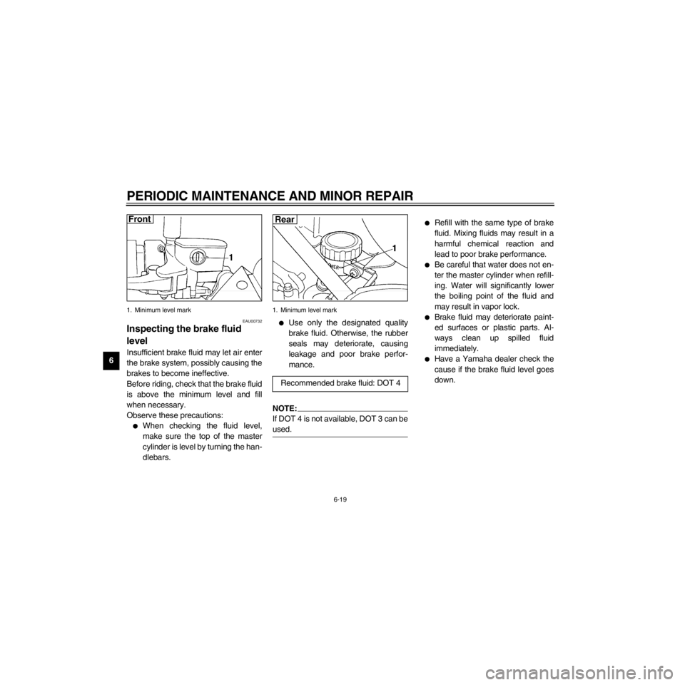 YAMAHA XJ600S 2000 Repair Manual L
6-19
PERIODIC MAINTENANCE AND MINOR REPAIR
/Net/layout8/layout_G2/work/Imai_work/OM-PS/AA9156_XJ600SN-E6/English/E-6.frame
1. Minimum level mark
EAU00732
Inspecting the brake fluid
level
Insufficie YAMAHA XJ600S 2000 Repair Manual L
6-19
PERIODIC MAINTENANCE AND MINOR REPAIR
/Net/layout8/layout_G2/work/Imai_work/OM-PS/AA9156_XJ600SN-E6/English/E-6.frame
1. Minimum level mark
EAU00732
Inspecting the brake fluid
level
Insufficie