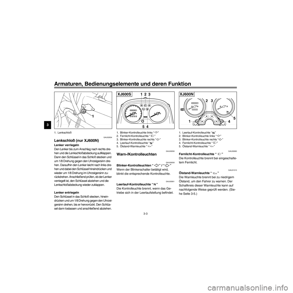 YAMAHA XJ600S 2000  Betriebsanleitungen (in German) L
3-3
Armaturen, Bedienungselemente und deren Funktion
/Net/layout8/layout_G2/work/Imai_work/OM-PS/AA9158_XJ600SN-G6/German/G-3.frame
1. Lenkschlo§ 
GAU02934
Lenkschlo§ (nur XJ600N)
Lenker verriegel