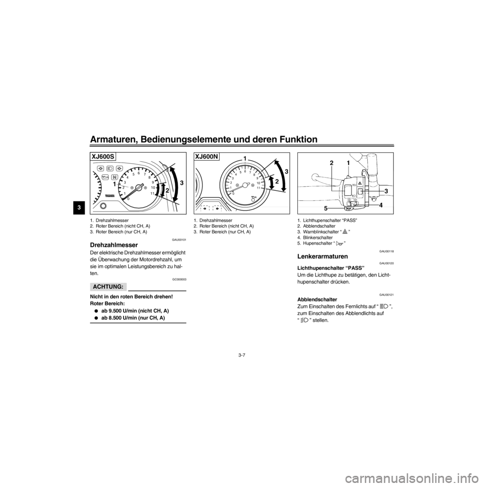 YAMAHA XJ600S 2000  Betriebsanleitungen (in German) L
3-7
Armaturen, Bedienungselemente und deren Funktion
/Net/layout8/layout_G2/work/Imai_work/OM-PS/AA9158_XJ600SN-G6/German/G-3.frame
0 1 2348
9
10
11 56
7
2
13
XJ600S
1. Drehzahlmesser
2. Roter Berei