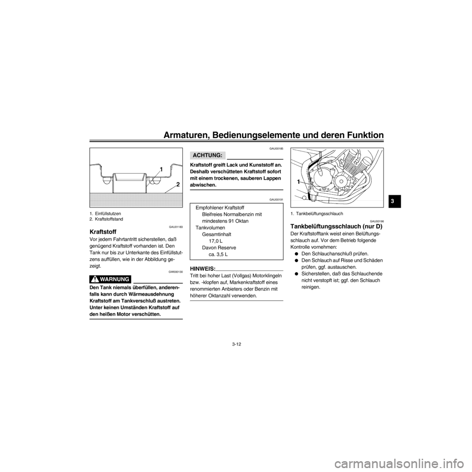 YAMAHA XJ600S 2000  Betriebsanleitungen (in German) R
3-12
Armaturen, Bedienungselemente und deren Funktion
/Net/layout8/layout_G2/work/Imai_work/OM-PS/AA9158_XJ600SN-G6/German/G-3.frame
1. EinfŸllstutzen
2. Kraftstoffstand
GAU01183
Kraftstoff
Vor jed