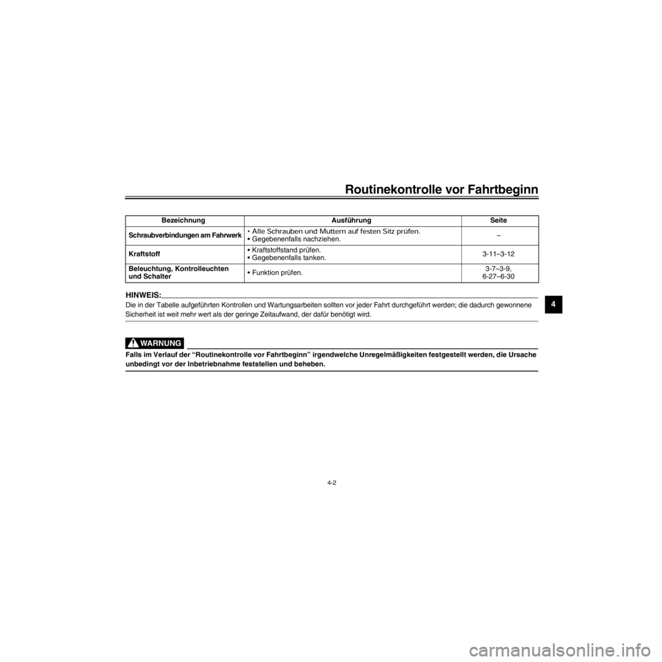 YAMAHA XJ600S 2000  Betriebsanleitungen (in German) R
4-2
Routinekontrolle vor Fahrtbeginn
/Net/layout8/layout_G2/work/Imai_work/OM-PS/AA9158_XJ600SN-G6/German/G-4.frame
HINWEIS:
Die in der Tabelle aufgefŸhrten Kontrollen und Wartungsarbeiten sollten 
