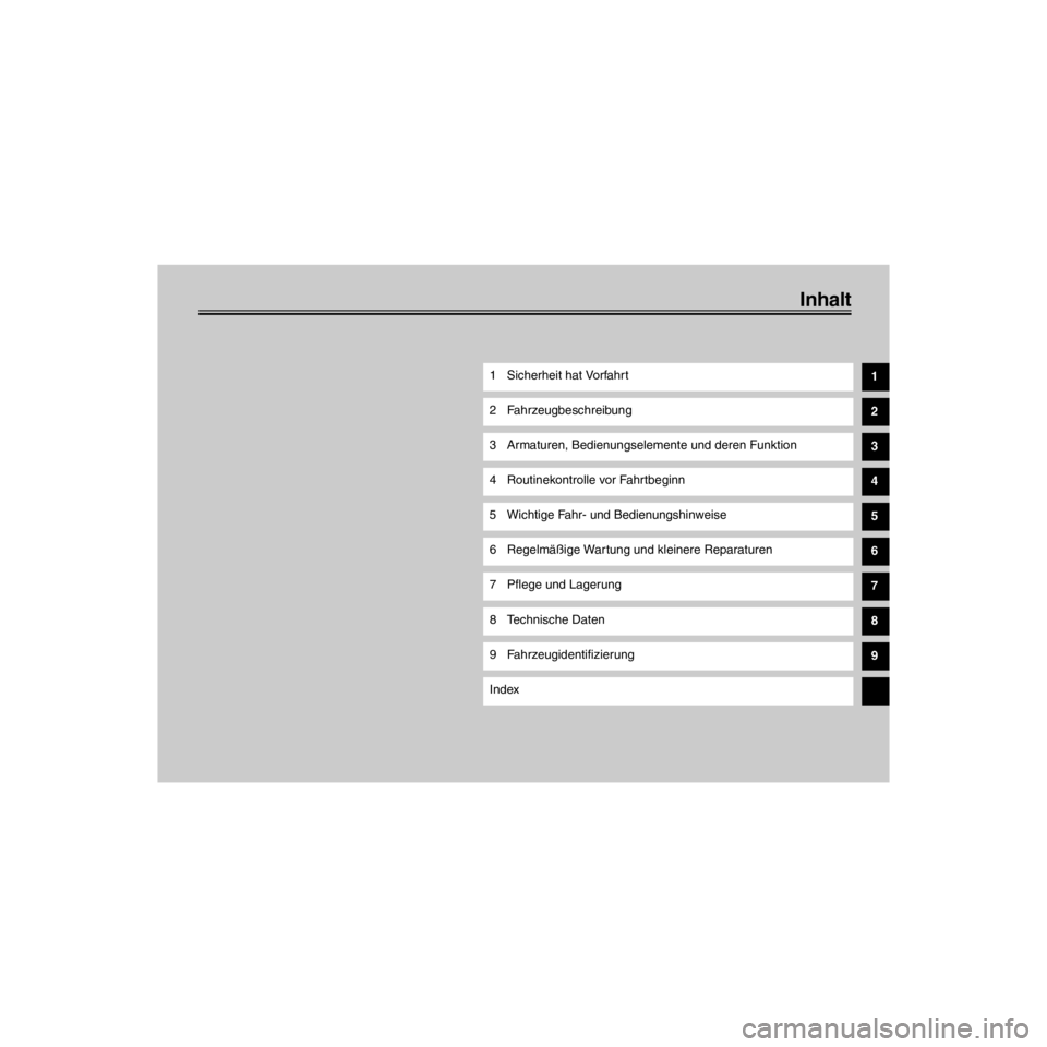 YAMAHA XJ600N 2000  Betriebsanleitungen (in German) R
Inhalt
/Net/layout8/layout_G2/work/Imai_work/OM-PS/AA9158_XJ600SN-G6/German/G-
1 Sicherheit hat Vorfahrt
2 Fahrzeugbeschreibung
3 Armaturen, Bedienungselemente und deren Funktion
4 Routinekontrolle 