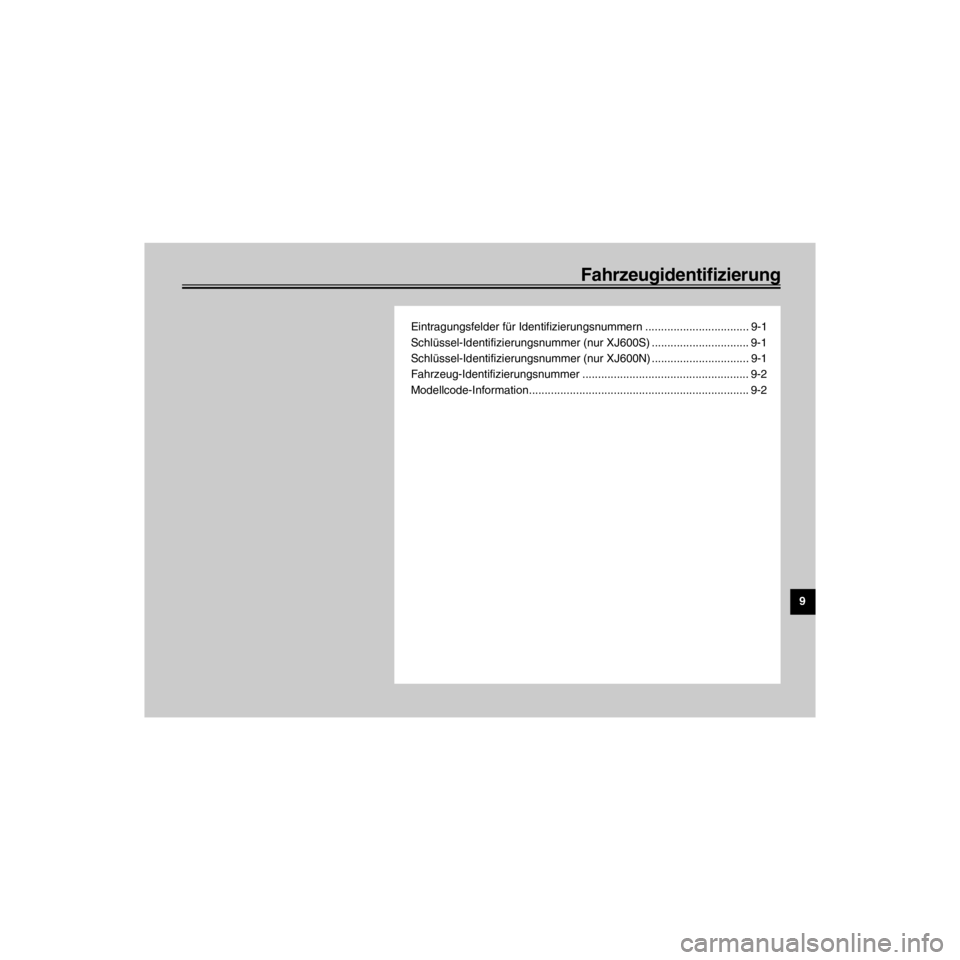 YAMAHA XJ600N 2000  Betriebsanleitungen (in German) R
Fahrzeugidentifizierung
/Net/layout8/layout_G2/work/Imai_work/OM-PS/AA9158_XJ600SN-G6/German/G-9TOC.-
Eintragungsfelder fŸr Identifizierungsnummern ................................. 9-1
SchlŸssel-
