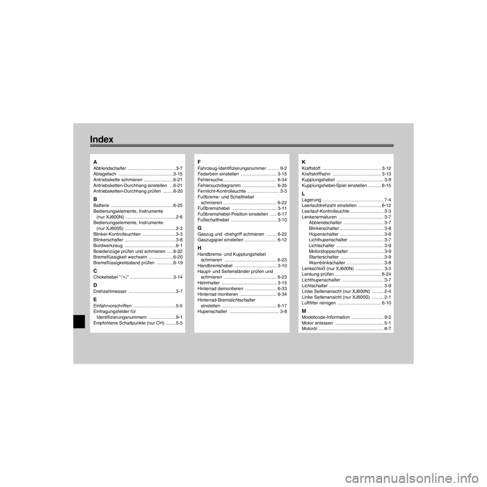 YAMAHA XJ600N 2000  Betriebsanleitungen (in German) L
Index
/Net/layout8/layout_G2/work/Imai_work/OM-PS/AA9158_XJ600SN-G6/German/GGI-
A
Abblendschalter ......................................3-7
Ablagefach ...........................................3-15