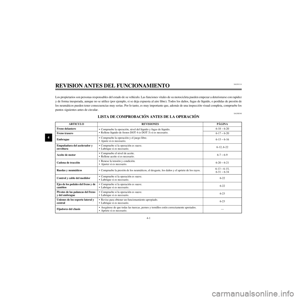 YAMAHA XJ600S 2000  Manuale de Empleo (in Spanish) L
4-1
REVISION ANTES DEL FUNCIONAMIENTO
/Net/layout8/layout_G2/work/Imai_work/OM-PS/AA9160_XJ600SN-S6/Spanish/S-4.frame
Los propietarios son personas responsables del estado de su veh’culo. Las func
