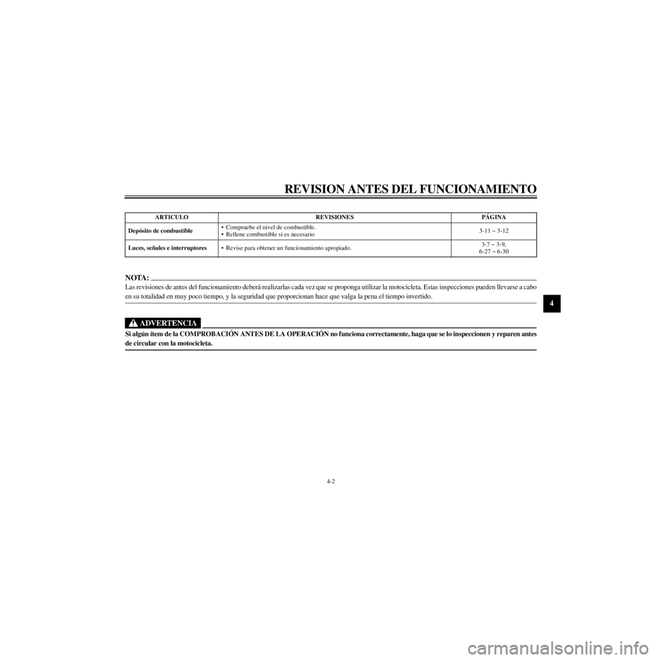 YAMAHA XJ600S 2000  Manuale de Empleo (in Spanish) R
4-2
REVISION ANTES DEL FUNCIONAMIENTO
/Net/layout8/layout_G2/work/Imai_work/OM-PS/AA9160_XJ600SN-S6/Spanish/S-4.frame
NOTA:
Las revisiones de antes del funcionamiento deber‡ realizarlas cada vez q