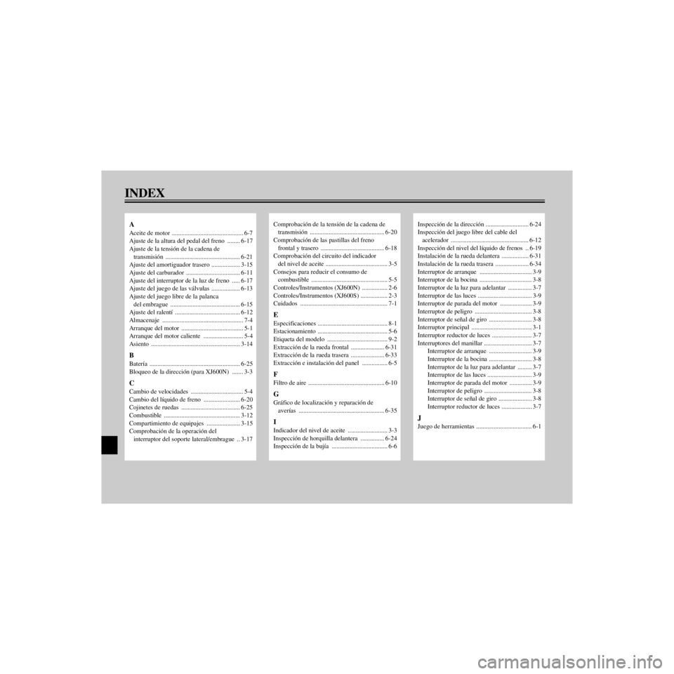 YAMAHA XJ600S 2000  Manuale de Empleo (in Spanish) L
INDEX
/Net/layout8/layout_G2/work/Imai_work/OM-PS/AA9160_XJ600SN-S6/Spanish/SSIX.-
A
Aceite de motor  ............................................. 6-7
Ajuste de la altura del pedal del freno  .....