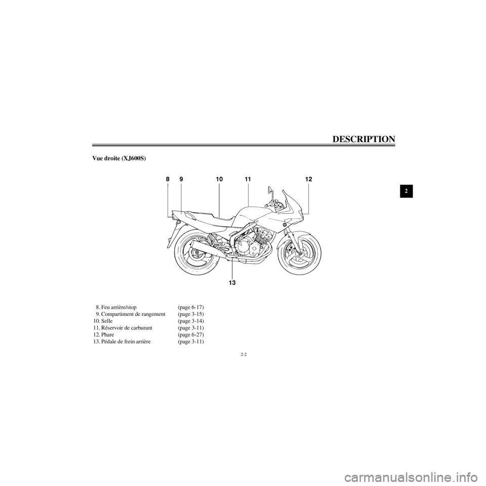 YAMAHA XJ600N 2000  Notices Demploi (in French) R
2-2
DESCRIPTION
/home/Imai/imai_data/YMC-om/AA9157_XJ600SN-F6/French/F-2.frame
Vue droite (XJ600S)
8.  (page 6-17)
9. Compartiment de rangement (page 3-15)
10. Selle (page 3-14)
11. RŽservoir de ca