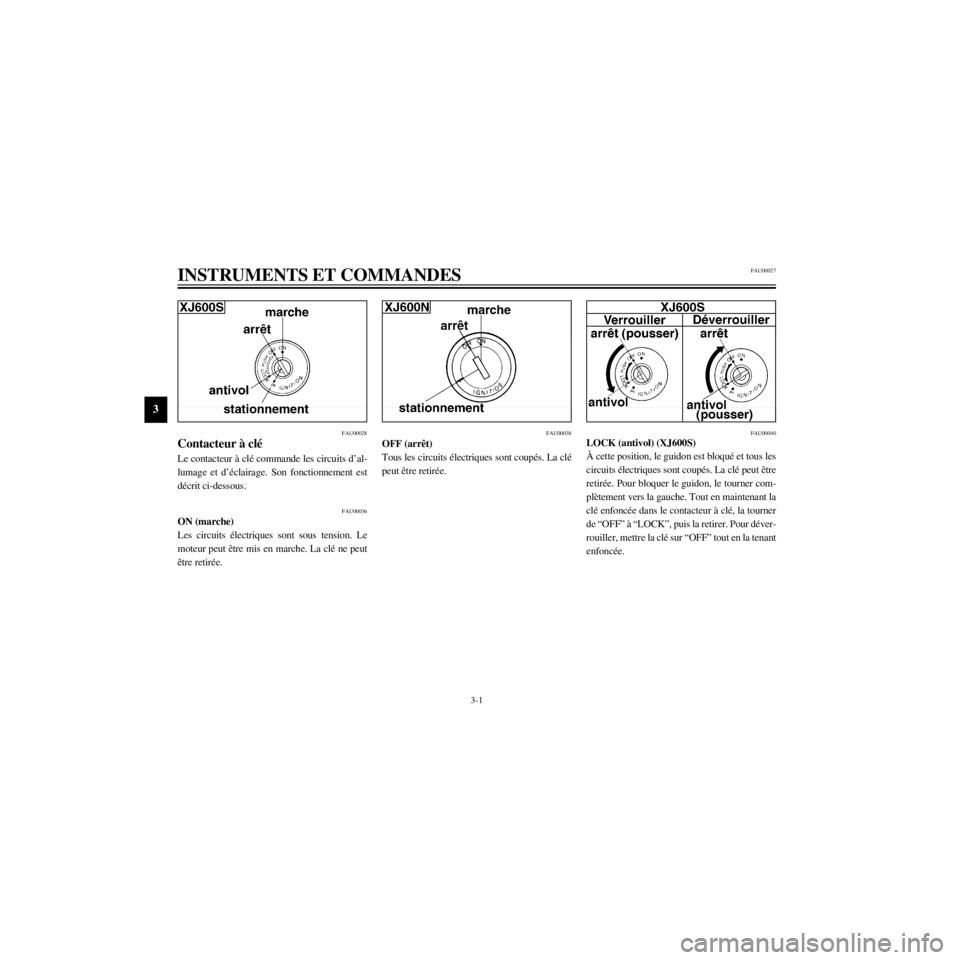 YAMAHA XJ600N 2000  Notices Demploi (in French) L
3-1
INSTRUMENTS ET COMMANDES
/home/Imai/imai_data/YMC-om/AA9157_XJ600SN-F6/French/F-3.frame
FAU00027
FAU00028
Contacteur ˆ clŽ
Le contacteur ˆ clŽ commande les circuits dÕal-
lumage et dÕŽcla